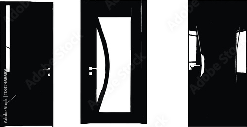 The image features three distinct doors rendered in black and white, each showcasing unique designs and characteristics that highlight their individual styles and functionalities.