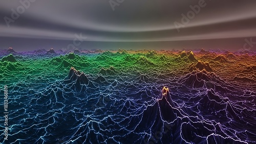 Stunning topographic landscape with vibrant rainbow hues offering unique texture and depth, ideal for futuristic backgrounds, tech visuals, and innovative design projects