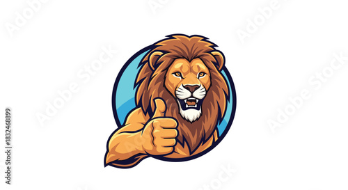 Strong and confident lion mascot with a lush mane giving a thumbs-up gesture of approval inside a blue circular frame.