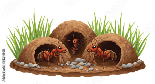 Detailed illustration of a colony of red ants working together around their anthill home in the green grass with pebbles.