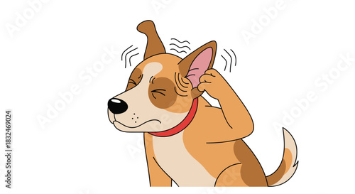 Cartoon illustration of an uncomfortable dog with a red collar scratching its very itchy ear with its back paw in discomfort.