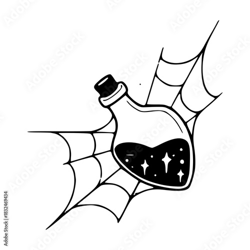magic potion bottle on spiderweb outline vector