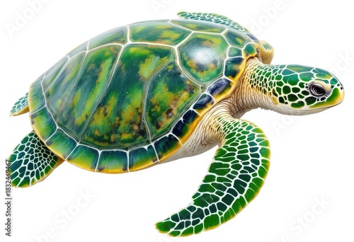 Colorful sea turtle, vibrant green and yellow shell, profile view