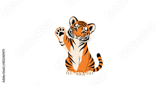 Adorable baby tiger cub sitting down and waving a paw with a friendly and cute expression, isolated on a white background.