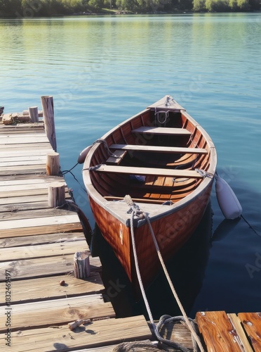 Wooden rowboat moored at a tranquil dock