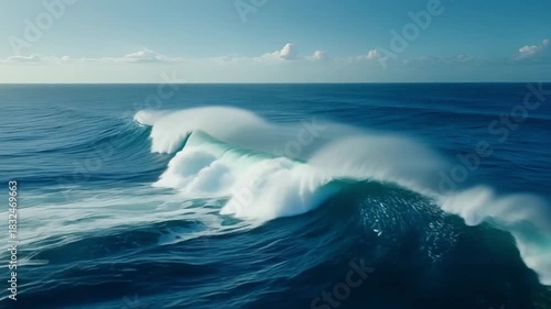 Cinematic realistic-like video of ocean waves, camera moving steadily across the water, clear blue tones, no shadows, perfect cleanliness