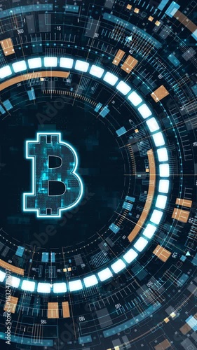 Motion graphic of vertical crypto currency symbols inside a rotating HUD circle that forms a futuristic financial interface with smooth digital motion and glowing details.