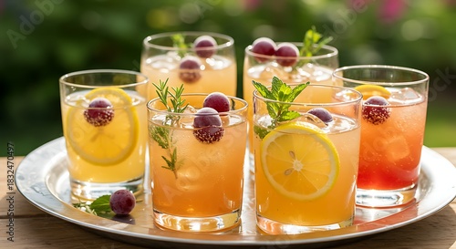 Refreshing glasses of colorful cocktails garnished with fruits and herbs on a silver platter