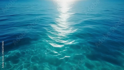 Smooth ocean surface under bright daylight, forward-tracking camera, ultra-clean and shadow-free look