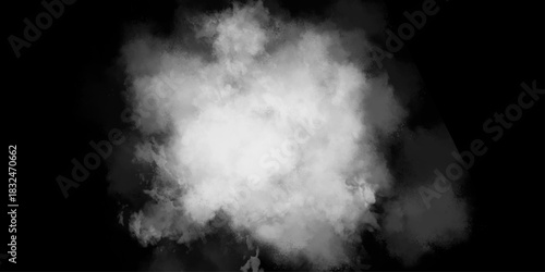 A black and white photograph of clouds in the sky. White cloud of smoke against black background. Ethereal Fog Overlays for Cinematic Ambiance. Soft white clouds floating against a dark sky.