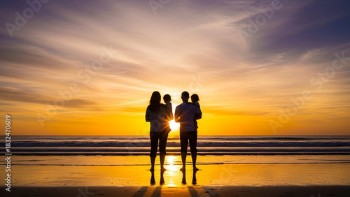 Loving family bonding watching the stunning sunset beach scene