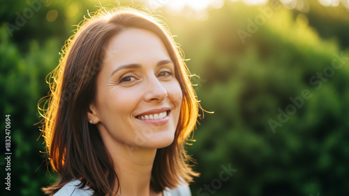 Joyful Woman Smiling in Golden Sunlight Amidst Green Nature