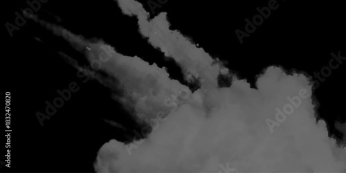 White smoke cloud isolated on black background. A thick white smoke plume rising and twisting, isolated beautifully on a black background. A large white smoke cloud billowing softly,