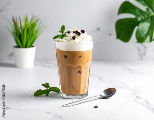 Refreshing iced coffee drink with whipped cream, beans, and mint on a white surface