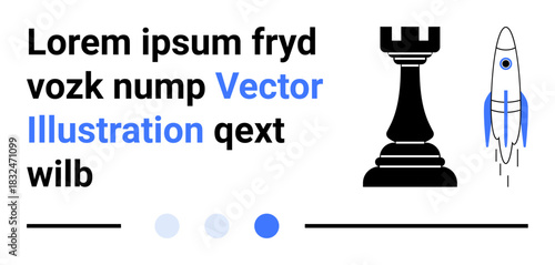 Simplistic chess rook and rocket placed alongside text elements and progress indicators. Ideal for strategy, innovation, technology, growth, decision-making, progress, simple landing page