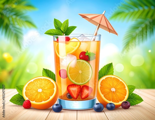 Refreshing iced drink with fruit slices, berries, mint, and a paper umbrella on a wooden table