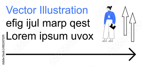 Direction, business strategy, growth, career development, professional success, human resources. Figure holding documents with arrow and text elements. Direction and business strategy