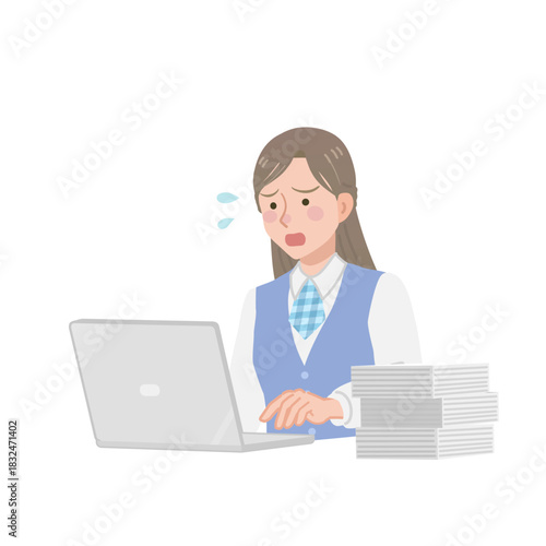 業務に追われる女性事務員のイラスト