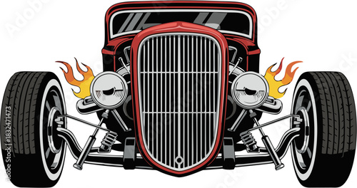 Classic Hot Rod Illustration Vintage Car Design with Flames - EPS Vector Graphics