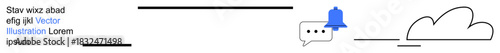 Online messaging, notifications, data storage, teamwork, cloud technology, remote work. Minimal design with a chat bubble, bell icon and cloud graphic. Messaging and notifications concept