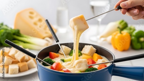 Fototapeta Naklejka Na Ścianę i Meble -  A person dipping a piece of bread into a rich, creamy cheese fondue in a blue pot, creating a long, delicious string of melted cheese, surrounded by vegetables and bread cubes.