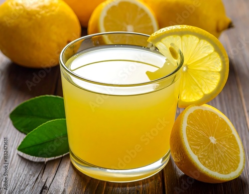 Refreshing lemon drink in a glass with lemon slice garnish and fresh lemons on a wood table
