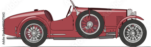 Side profile vector illustration of a vintage red roadster from the early twentieth century, an iconic classic automobile