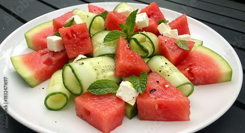Refreshing watermelon, cucumber, feta salad garnished with mint on a white plate