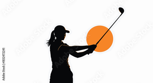 Silhouette of a female golfer in midswing, holding a golf club with an orange circle in the background, representing the sun or a golf ball