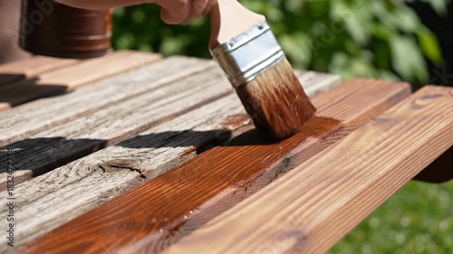 Applying protective wood stain with a brush to outdoor wooden furniture for home renovation
