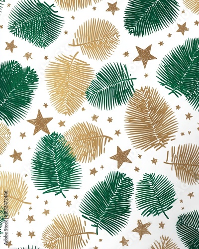 Minimalist seamless pattern with pine branches, golden stars, and hidden 2026 numbers in green, gold, and white for elegant holiday design.