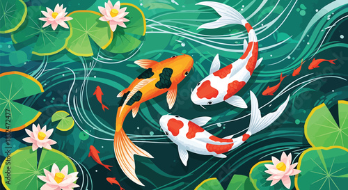 Vibrant koi fish swimming gracefully in a serene pond surrounded by lush green lily pads and delicate pink lotus flowers, creating a peaceful aquatic scene