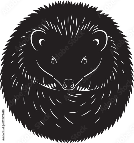 Curled black hedgehog illustration, vector graphic with white line details. ideal for logos, icons, nature, wildlife, pets, minimalist design, and animal kingdom themes for various media projects.