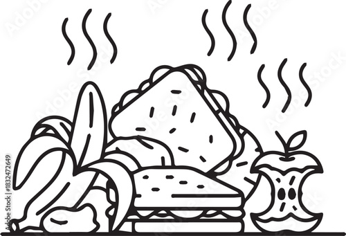 Food waste reduction concept with smelly discarded sandwiches, fruit, and apple core emphasizing composting, recycling, and environmental sustainability