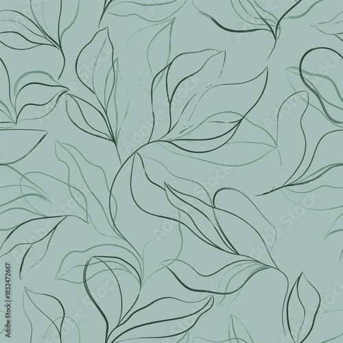 Botanical seamless pattern featuring abstract, flowing line art of large leaves and curving stems in varying shades of green on a light green background