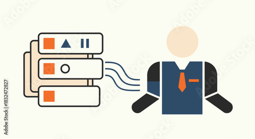 Stylized depiction of a business person receiving data stream directly from a server rack or database system, isolated on