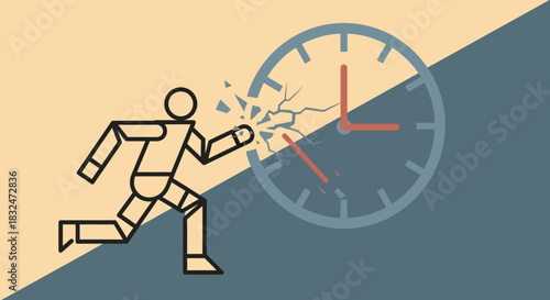 Stylized illustration of a stick figure running against a large clock face, appearing to break through the time barrier in a dynamic concept design