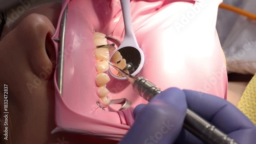 Close-up of dentist shaping composite filling and forming natural fissures on the tooth surface. Precision dental work, restoration anatomy, aesthetic dentistry, cavity treatment.