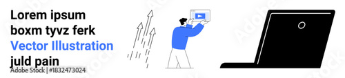 Man holding video screen with upward-pointing arrows symbolizing growth and success beside a laptop. Ideal for business, marketing, education, technology, growth strategies, financial analysis