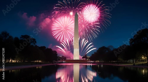 Spectacular fireworks display illuminates Washington Monument reflecting in the Reflecting Pool, capturing the essence of Independence Day celebrations in Washington D.C.