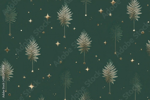 Minimalist seamless pattern with pine branches, golden stars, and hidden 2026 numbers in green, gold, and white for elegant holiday design.