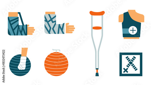 Medical illustration featuring various elements related to injuries, treatment, and recovery, including casts and crutches.