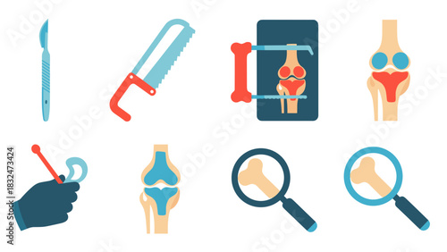 Illustration depicting various orthopedic surgery tools and bone structures, including a saw, scalpel, magnifier, bone clamp, and detailed knee joint anatomy.
