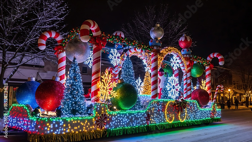 Dazzling Christmas Parade Float Adorned with Bright Lights, Candy Canes, and Ornaments on a Snowy Winter Night