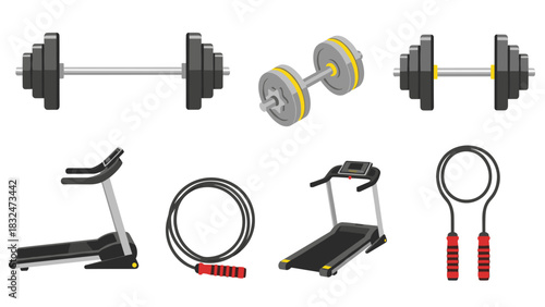 Various fitness equipment illustrations, including barbells, dumbbells, treadmills, and jump ropes.