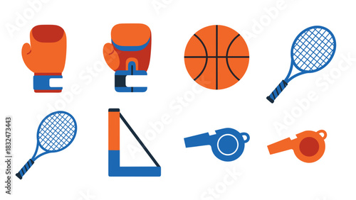 A collection of flat design sports equipment icons for boxing, basketball, tennis, and soccer.