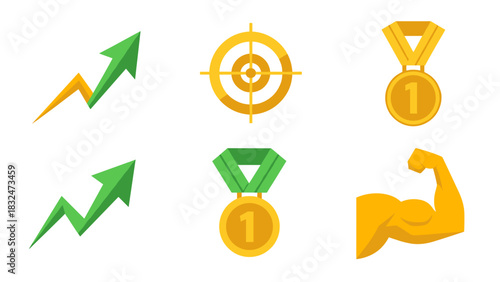 A collection of success and achievement icons including growth arrows, target, medals, and a flexing bicep.