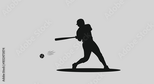 A dynamic silhouette of a baseball player in midswing, powerfully hitting a baseball with a bat, showcasing the intense action and energy of the sport during a game or practice session