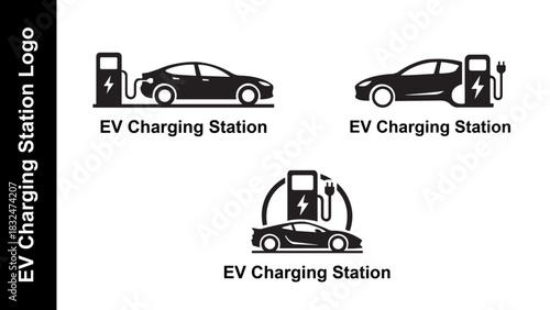 Electric Car Charging Point Vector Bundle. Eco-Friendly Transportation and Power Station Signage. EV Charging Station Logo Set.