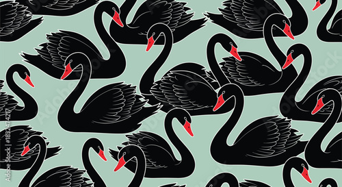 Elegant seamless pattern of graceful black swans with striking red beaks, swimming serenely on a tranquil light green background, creating a sophisticated and visually appealing design